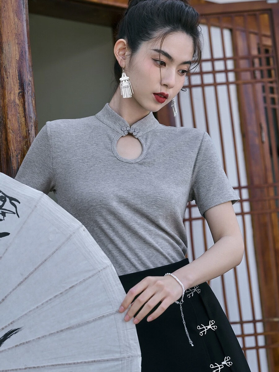 DAZY Camiseta de cuello mao de cuello con abertura de ojo - Gris - Ver 1