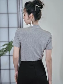 DAZY Camiseta de cuello mao de cuello con abertura de ojo - Gris - Ver 2