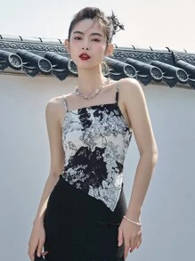 DAZY Allover Floral Print Asymmetrical Hem Cami Top - Black and White - View 5