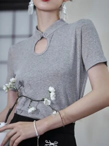 DAZY Camiseta de cuello mao de cuello con abertura de ojo - Gris - Ver 3