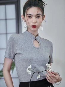 DAZY Camiseta de cuello mao de cuello con abertura de ojo - Gris - Ver 4