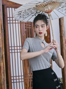 DAZY Camiseta de cuello mao de cuello con abertura de ojo - Gris - Ver 5