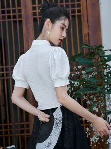 DAZY Mandarin Collar Puff Sleeve Tee - White - View 2