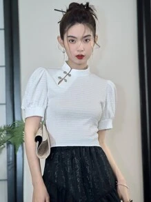 DAZY Mandarin Collar Puff Sleeve Tee - White - View 3