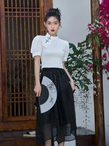 DAZY Mandarin Collar Puff Sleeve Tee - White - View 6