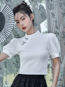 DAZY Mandarin Collar Puff Sleeve Tee - White - View 8