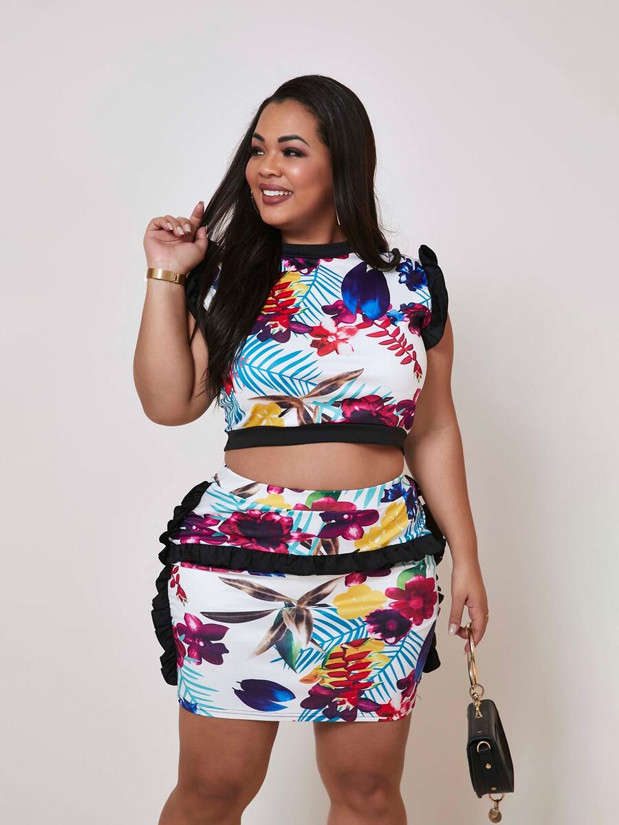 LovelyWholesale con estampado tropical Top tank crop & ribete con fruncido Falda ajustada - Blanco - Ver 1