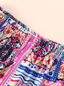 SHEIN Playful Pals 嬰兒女孩圍巾印花荷葉邊上衣和褲子,配飾髮箍 - 彩色 - 查看 4