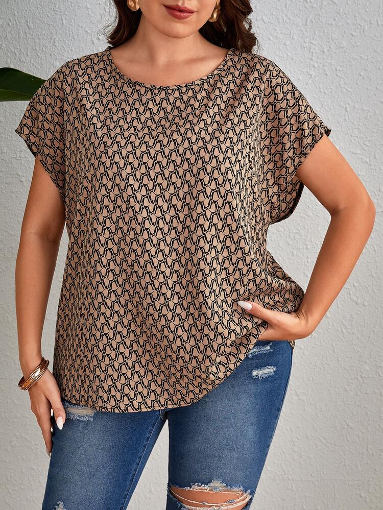 SHEIN LUNE Plus Allover Print Batwing Sleeve Blouse - Khaki - View 4