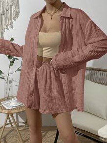 SHEIN VCAY Solid Drop Shoulder Shirt & Shorts - Pink - View 3