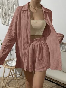 SHEIN VCAY Solid Drop Shoulder Shirt & Shorts - Pink - View 5