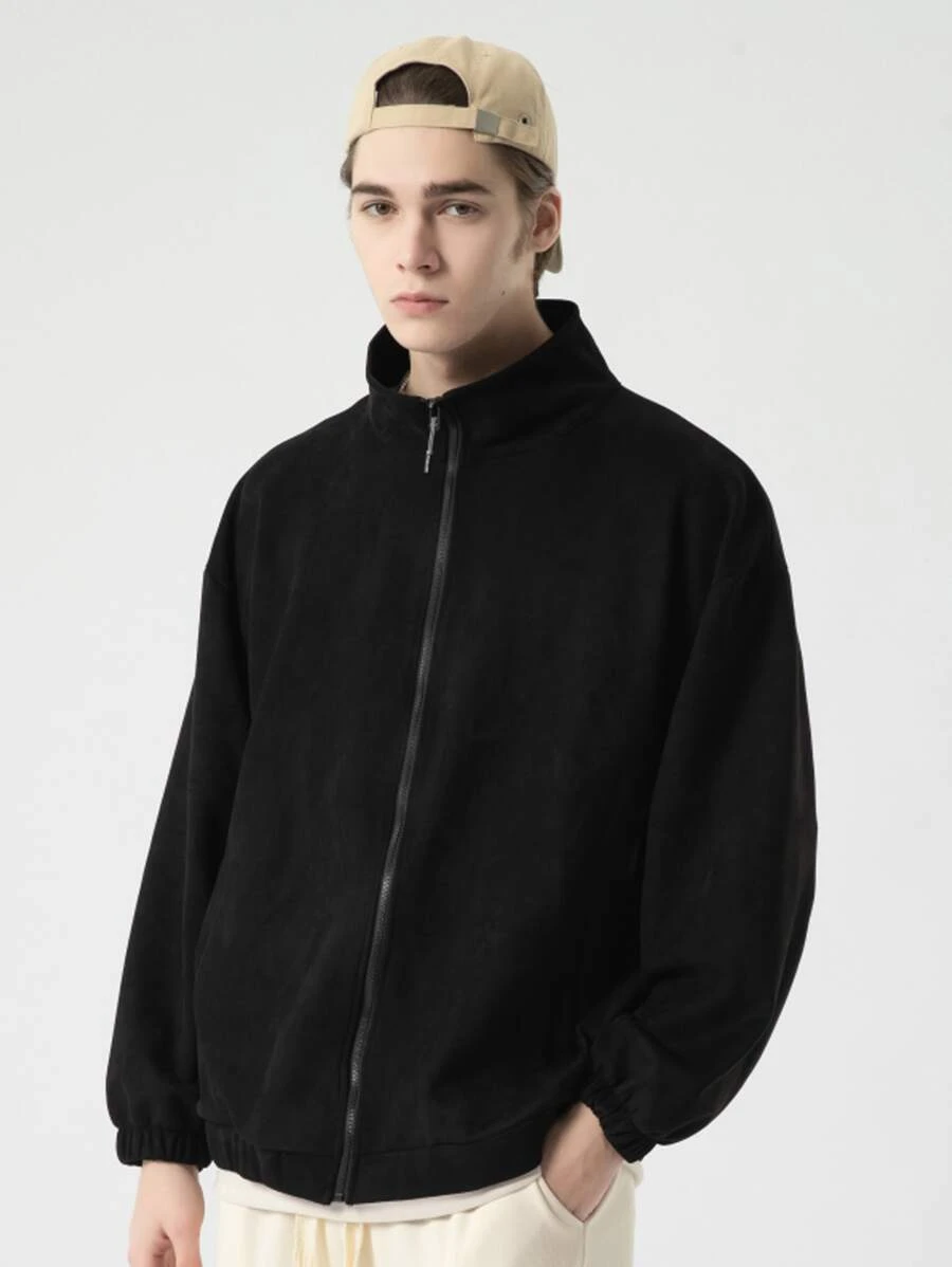 Men Zip Up Drop Shoulder Coat - Black - View 1