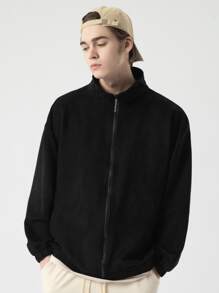 Men Zip Up Drop Shoulder Coat - Black - View 3