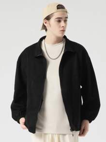 Men Zip Up Drop Shoulder Coat - Black - View 4