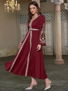 Al Najma 刺繡細節腰帶荷葉袖A字連衣裙 - 酒紅色 - 查看 3