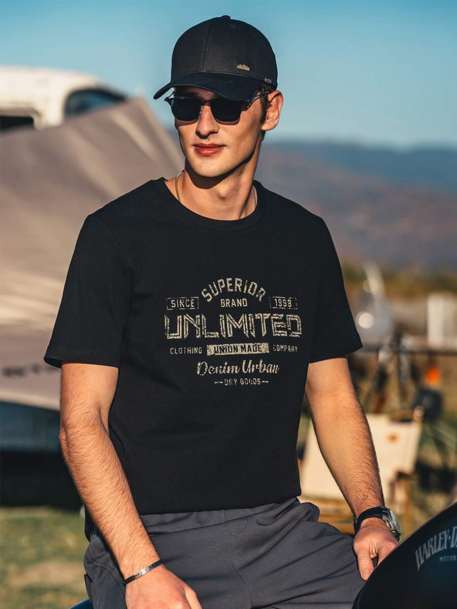 Hombres Camiseta con estampado de letra - Negro - Ver 1