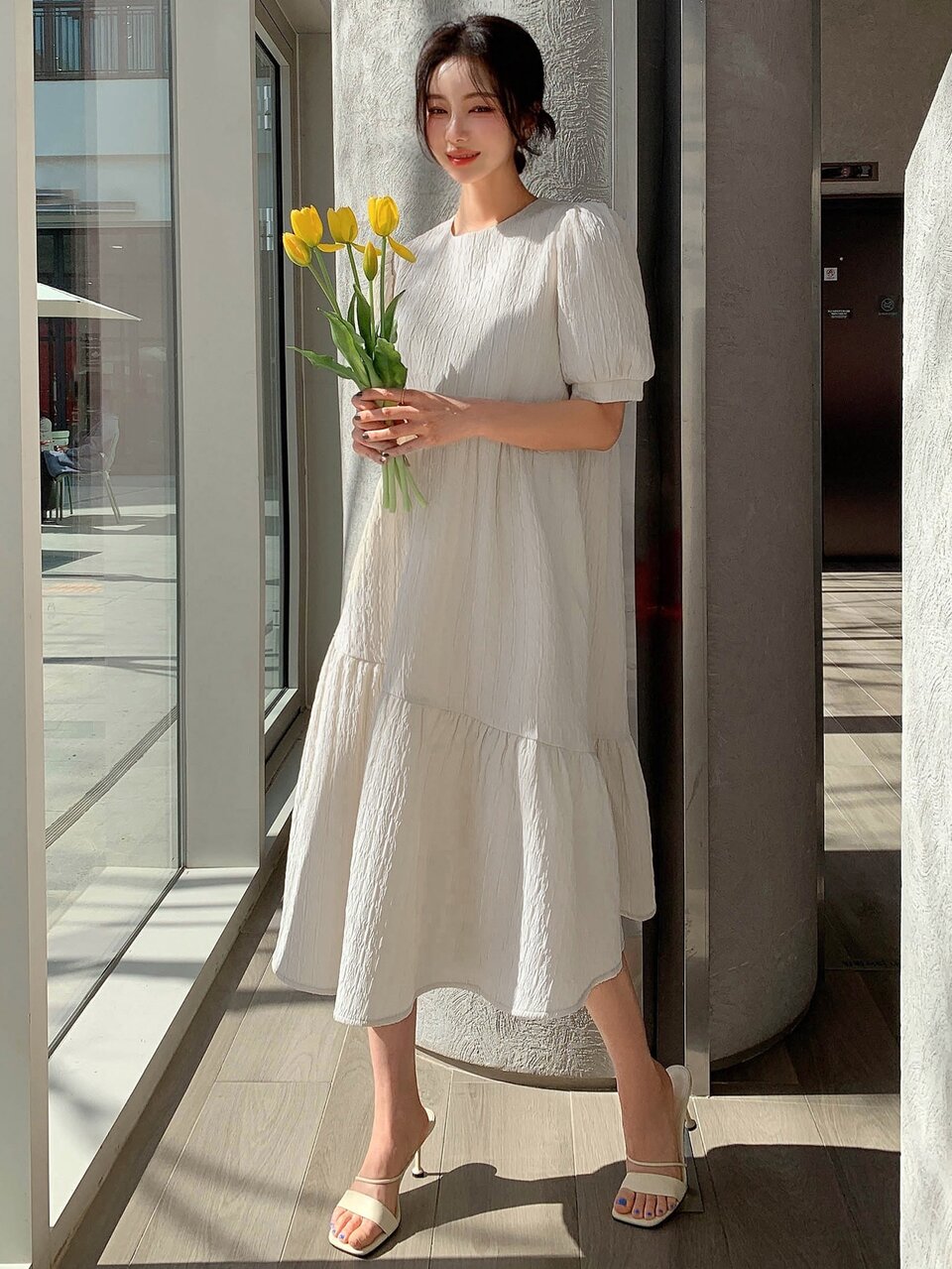 Puff Sleeve Ruffle Hem Smock Dress