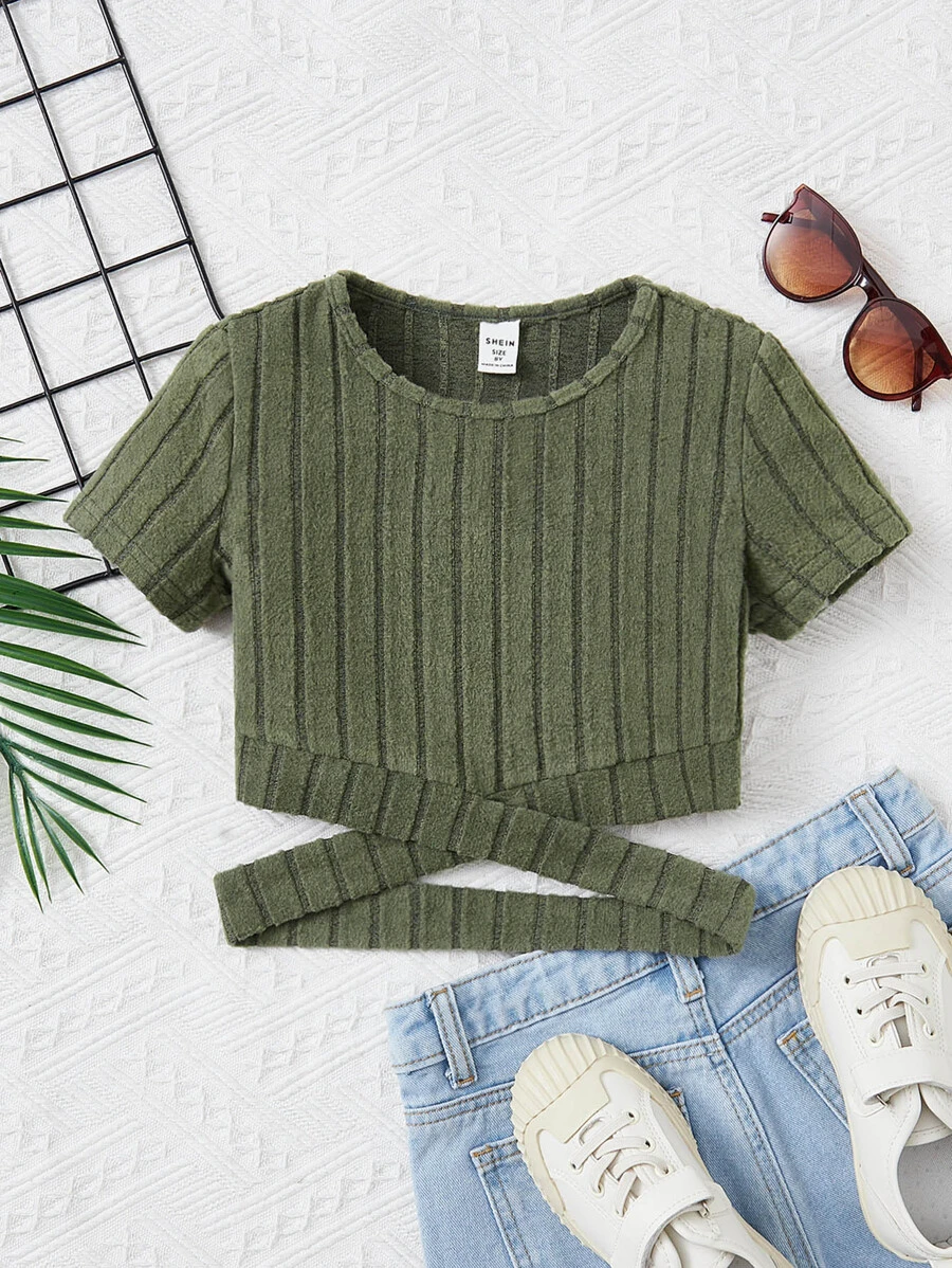 SHEIN Girls Crisscross Cut Out Waist Ribbed Knit Tee - Army Green - View 1