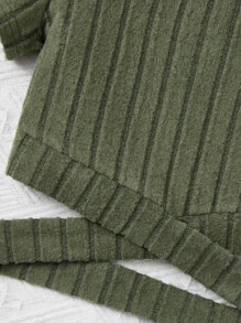 SHEIN Girls Crisscross Cut Out Waist Ribbed Knit Tee - Army Green - View 4