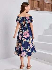 SHEIN Chicas Mono con estampado floral de hombros descubiertos ribete con fruncido - Azul Marino - Ver 2