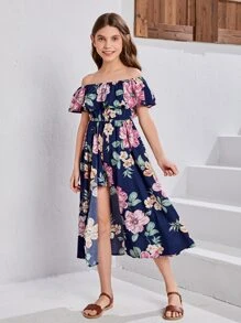 SHEIN Chicas Mono con estampado floral de hombros descubiertos ribete con fruncido - Azul Marino - Ver 4