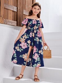SHEIN Chicas Mono con estampado floral de hombros descubiertos ribete con fruncido - Azul Marino - Ver 5