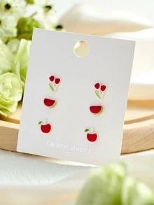 6pcs/set Floral Decor Stud Earrings - Red - View 1