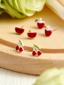 6pcs/set Floral Decor Stud Earrings - Red - View 2