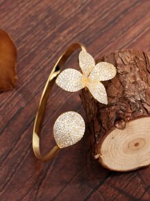 Pulsera abierta zirconia cúbica con diseño de flor - Amarillo Oro - Ver 1