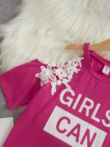 SHEIN 女孩字母圖案不對稱領貼花細節T恤 - 玫紅色 - 查看 3