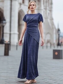 MIUSOL Robe à manches papillon froissée sur les côtés avec paillettes - Bleu marine - Voir 3