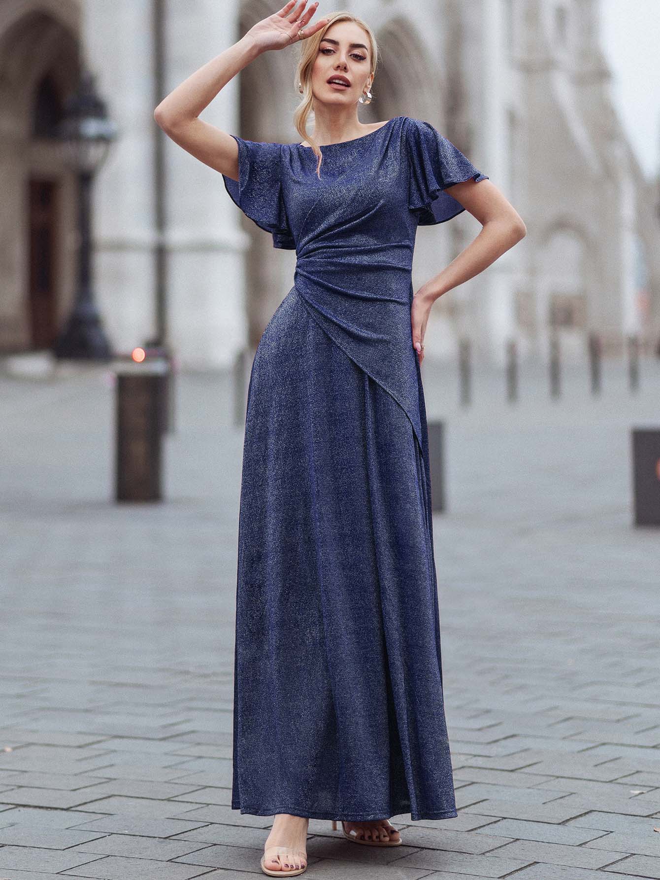 MIUSOL Robe à manches papillon froissée sur les côtés avec paillettes - Bleu marine - Voir 1