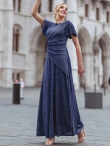 MIUSOL Robe à manches papillon froissée sur les côtés avec paillettes - Bleu marine - Voir 4