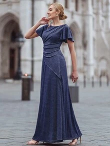 MIUSOL Robe à manches papillon froissée sur les côtés avec paillettes - Bleu marine - Voir 8