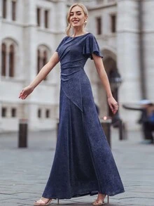 MIUSOL Robe à manches papillon froissée sur les côtés avec paillettes - Bleu marine - Voir 5