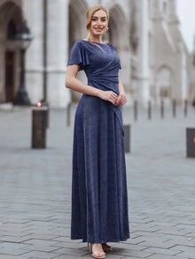 MIUSOL Robe à manches papillon froissée sur les côtés avec paillettes - Bleu marine - Voir 6