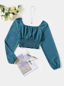 Mulvari Blusa unicolor pecho con fruncido de cuello scoop con fruncido - Azul Cadete - Ver 1