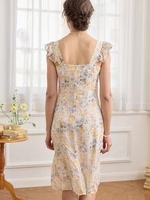 Simple Retro Đầm Thắt nút Dây kéo Thắt nơ trước Tất cả trên in Boho - Màu be - Xem 2