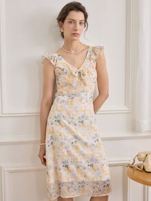 Simple Retro Đầm Thắt nút Dây kéo Thắt nơ trước Tất cả trên in Boho - Màu be - Xem 3