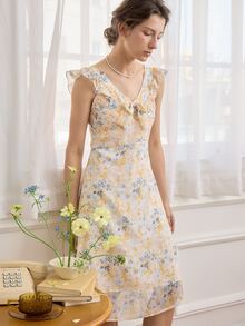 Simple Retro Đầm Thắt nút Dây kéo Thắt nơ trước Tất cả trên in Boho - Màu be - Xem 4