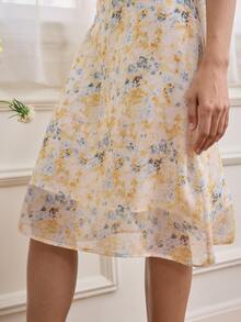Simple Retro Đầm Thắt nút Dây kéo Thắt nơ trước Tất cả trên in Boho - Màu be - Xem 5