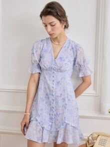 Simple Retro 印花泡泡袖荷葉邊洋裝 - 淡紫色 - 查看 3