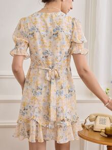 Simple Retro 女士休闲荷叶边前扣印花连衣裙 - 彩色 - 查看 2