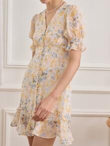 Simple Retro 女士休闲荷叶边前扣印花连衣裙 - 彩色 - 查看 3