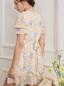 Simple Retro 女士休闲荷叶边前扣印花连衣裙 - 彩色 - 查看 4