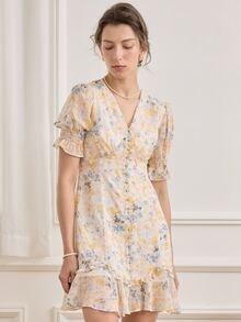Simple Retro 女士休闲荷叶边前扣印花连衣裙 - 彩色 - 查看 6