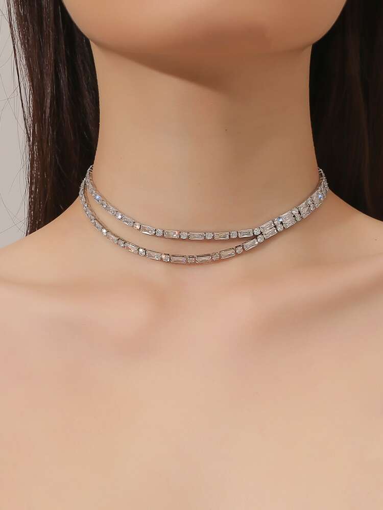 1pc Women's Floral Double-Layer Zirconia Crystal Choker Necklace, Versatile Fashion Necklace For Evening Dress