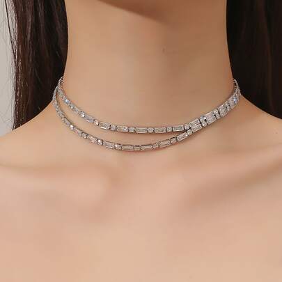 قلادة زركونيا كريستال ذات طبقتين بنقشة زهرية للنساء، قلادة موضة متعددة الاستخدامات لفستان السهرة قطعة واحدة