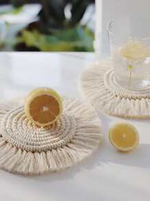 1 Vải Coaster, Boho Tròn Tua Rua Viền Dệt Uống Coaster Cho Bàn Ăn - Màu be - Xem 1