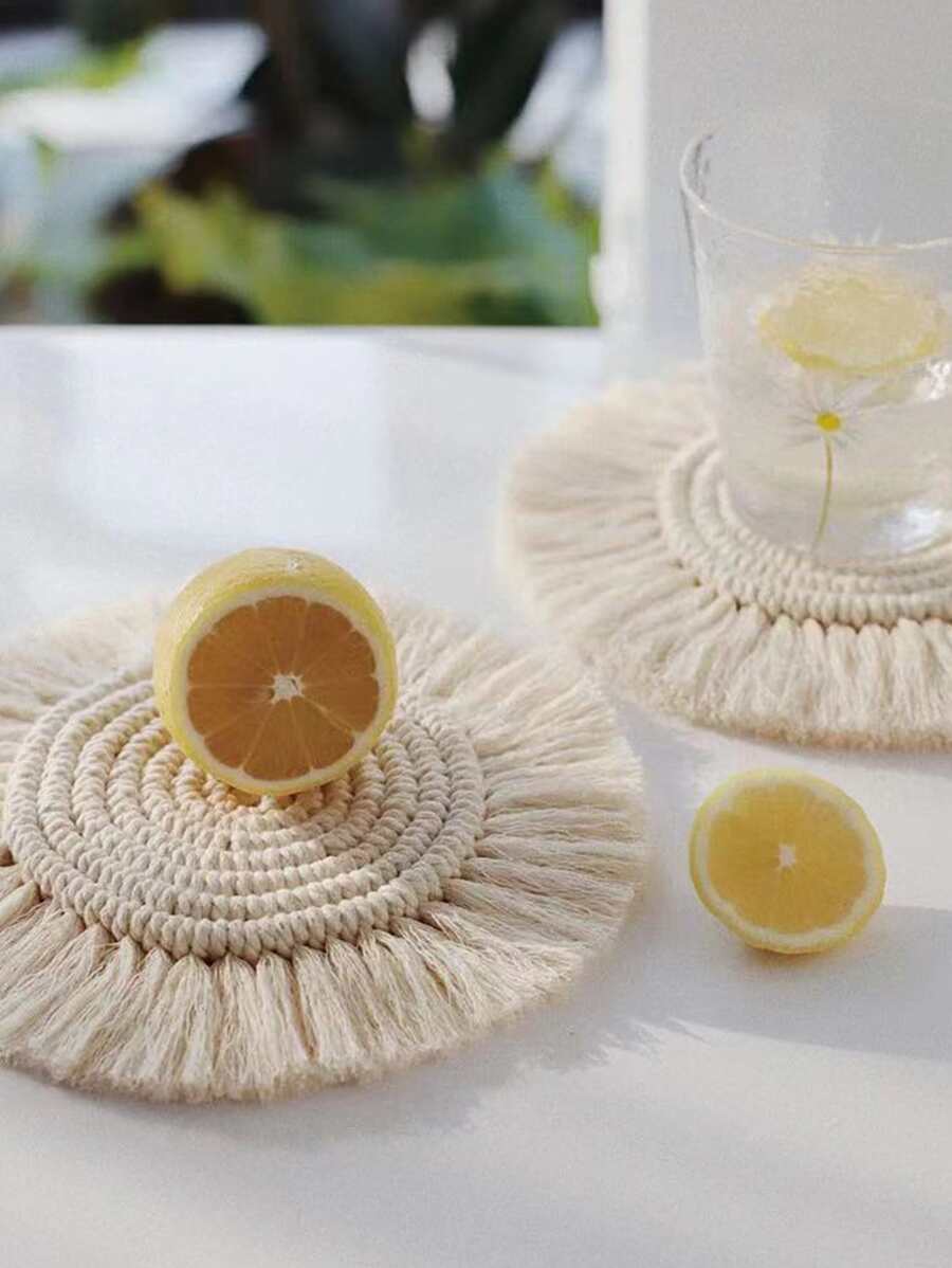 1 Vải Coaster, Boho Tròn Tua Rua Viền Dệt Uống Coaster Cho Bàn Ăn - Màu be - Xem 1